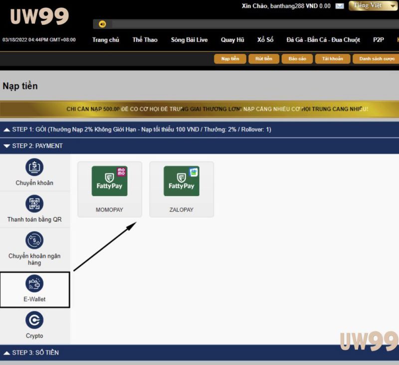 nạp tiền UW99 qua MoMo